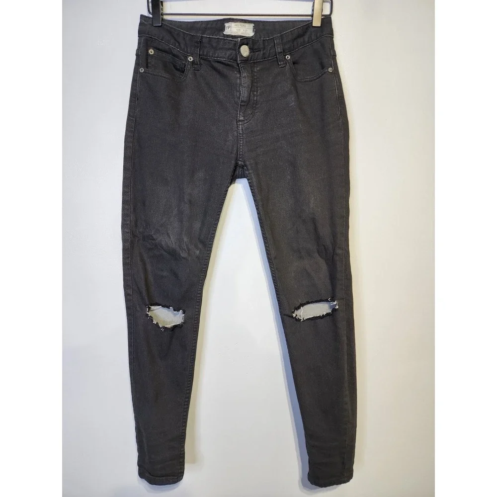 Free People Distressed Jeans Women's Size 27 Black Skinny‎ Low Rise Pockets